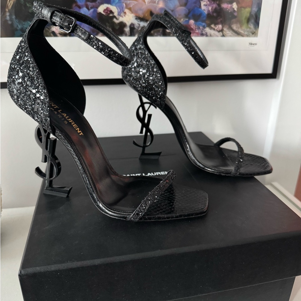 Yves Saint Laurent, YSL letter heel, YSL Opyum 110 Heels in Glitter/Black